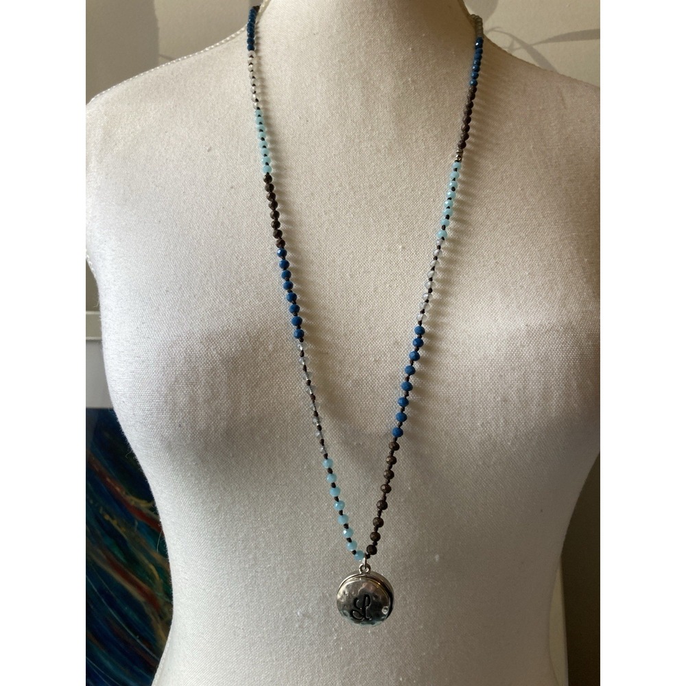 Long Blue Aqua‎ Brown Faceted Bead Necklace Silver Initial L Coin Pendant Dainty